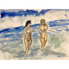 “Girls at the Sea” – Original Female Nude Watercolor on Paper | Marina Stognieva